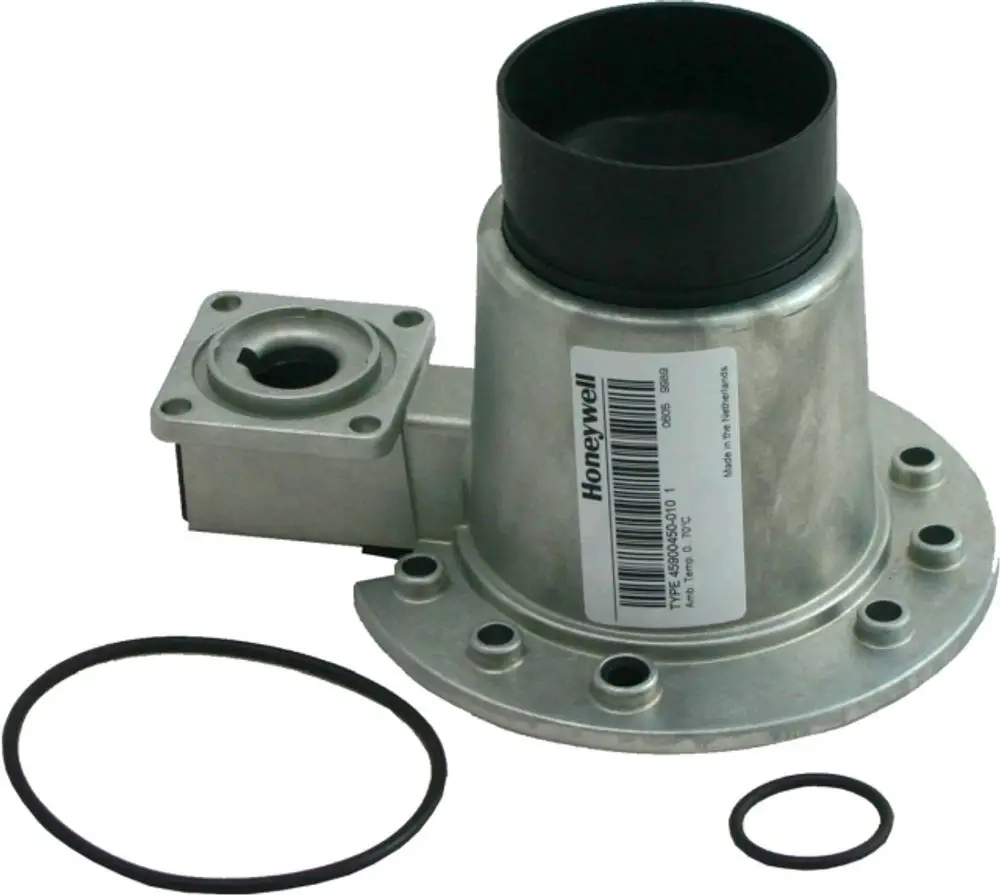 Mischkammer aus Metall mit einem schwarzen Element oben und O-Ringen; ideal für die Verwendung in Wolf Heizsystemen.